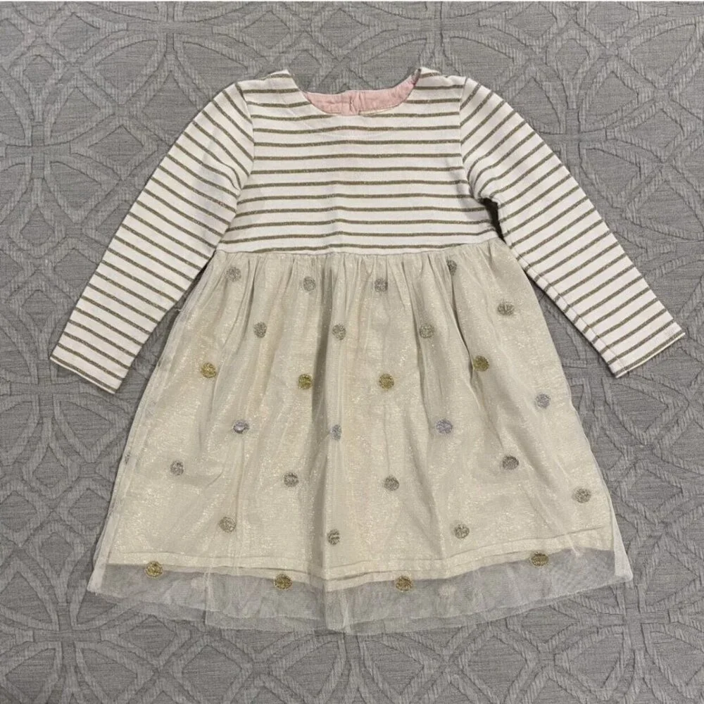 Mini Boden 2-3Y Glittery Gold Polkadots & Stripes Tulle Dress